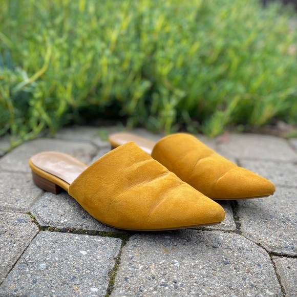 mustard suede mules